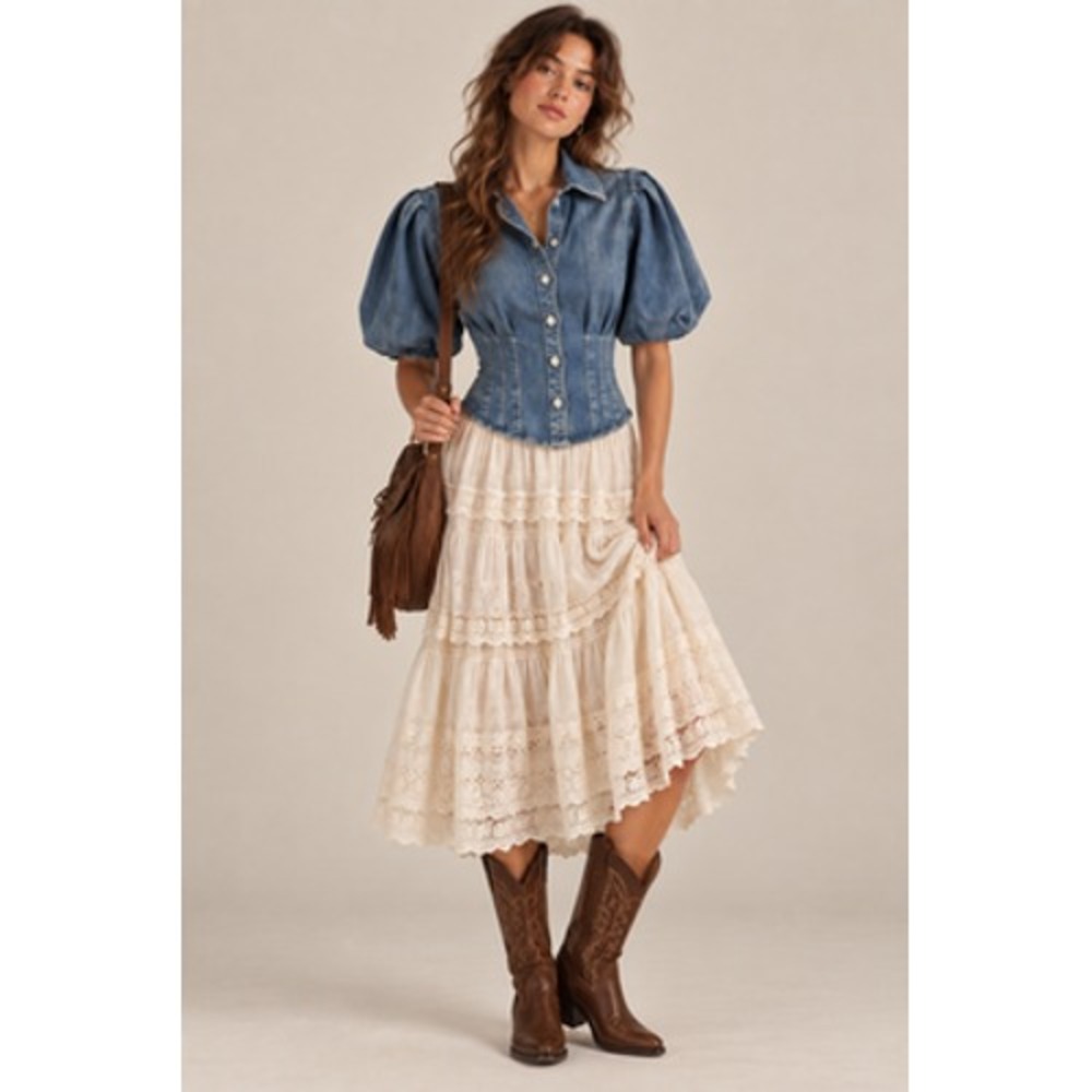 Express Womens S Denim Corset Top Puff Sleeve Button Front Coquette Cottage